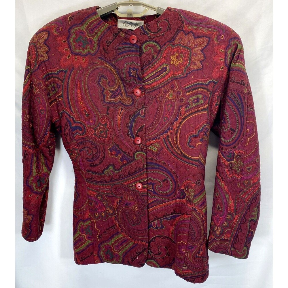Linda Allard Ellen Tracy Jacket Blazer Size 6 Maroon Pasley Silk Buttons Padded